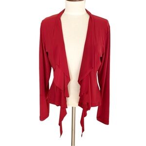 Sympli Red Stretch Jersey Draped Ruffle Open Front Cardigan Size 12